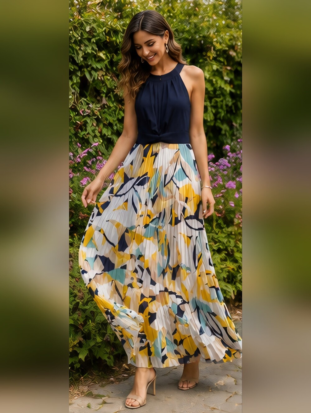 Sandra Darren Pleated Floral Maxi Dress Size 8 Navy Sleeveless Chiffon Lined...